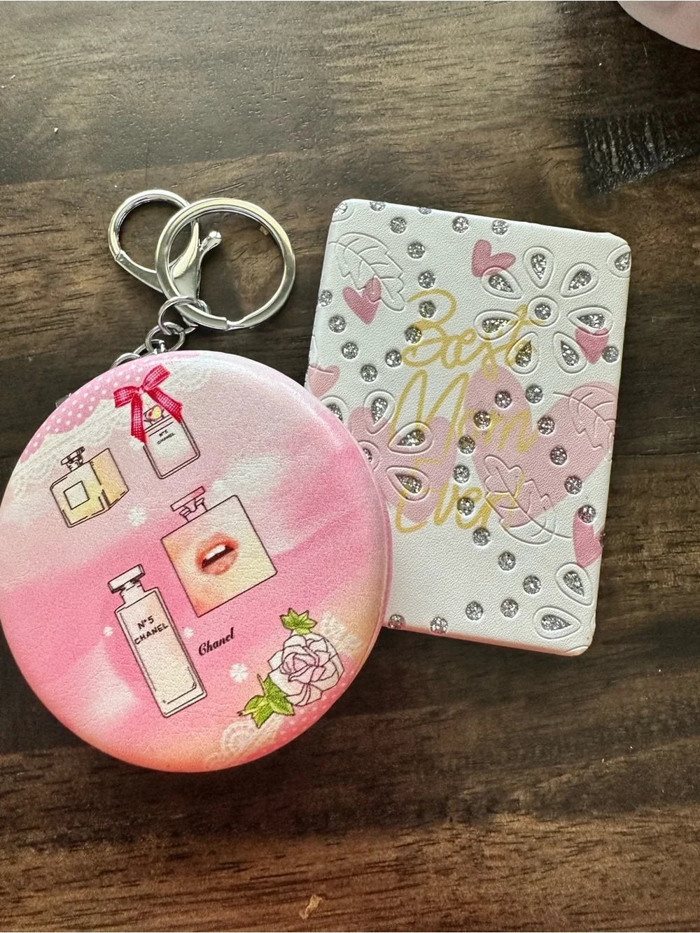NWOT Set of 2 Pocket Mirrors Pink Round Makeup Design & Best Mom Rhinestones